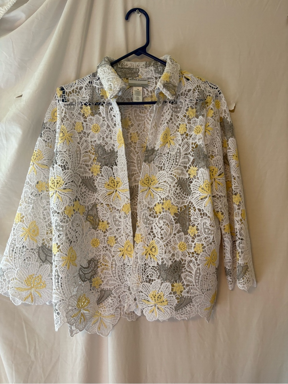 Crochet Lace Floral Jacket White, Yellow and Gray.